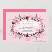 トレンディーPInkゼブラフレームベビーシャワー招待状 招待状 (正面/裏面)