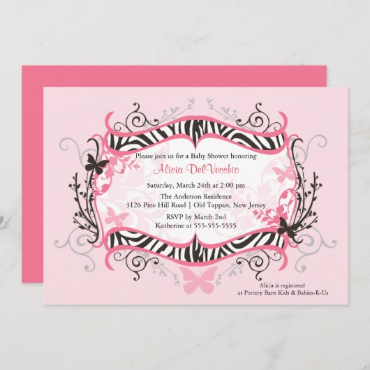 トレンディーPInkゼブラフレームベビーシャワー招待状 招待状 (正面/裏面)