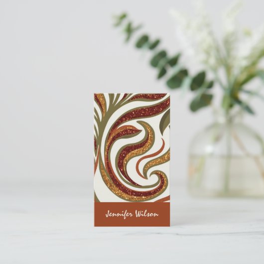 トレンディーQRコード抽象芸術グリッターテラコッタグリーン 名刺 (スタンド正面)