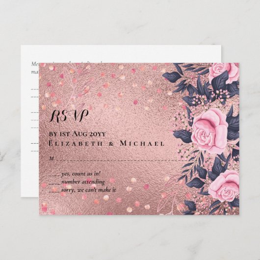 トレンディーROSEGOLD結婚のメタリックピンクのネイビーグリッター ポストカード (正面/裏面)