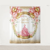 トレンディーSweet sixteen赤面バラ金ゴールドグリッター タペストリー (正面)