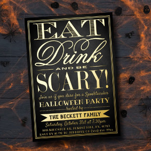 トレンディ タイポグラフィ Eat, Drink & Be Scary ハロウィン 箔招待状