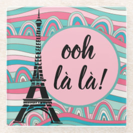 トレンディ フランス語 Ooh la la! エッフェル塔 ピンク & アクア ガラスコースター