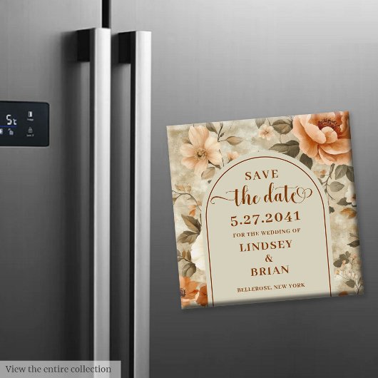 トレンディ ボーホ ラスト ベージュ オリーブ フローラル セーブ・ザ・デート マグネット