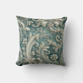 トレンドティール(緑がかった色)の複雑なフローラと旋回パターン クッション (正面)