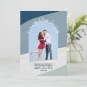 トレンド保存日付 |フォトほこりっぽい青ストライプ色 招待状 (スタンド正面)