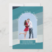 トレンド保存日付 |フォトティール(緑がかった色)ネイビーブルーアクア 招待状 (正面)