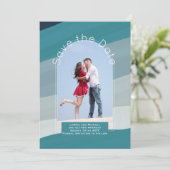 トレンド保存日付 |フォトティール(緑がかった色)ネイビーブルーアクア 招待状 (スタンド正面)