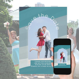 トレンド保存日付 |フォトティール（緑がかった色）ネイビーブルーアクア 招待状