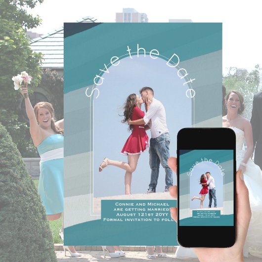 トレンド保存日付 |フォトティール(緑がかった色)ネイビーブルーアクア 招待状