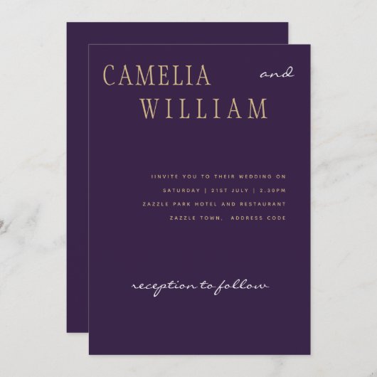 トレンモダングの紫の梅の実の金ゴールド 招待状 (正面/裏面)