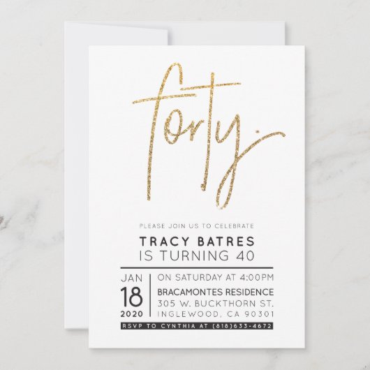 トレーシカスタムーのモダン40歳の誕生日パーティー 招待状 (正面)