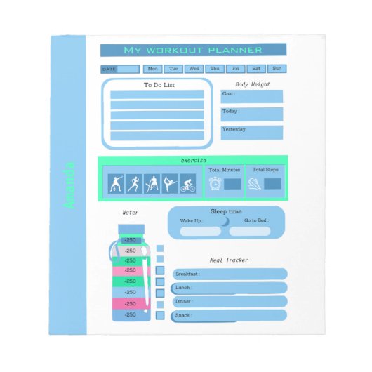 トレーニングデイリースケジュールの食事と重量トラッカー ノートパッド (正面)