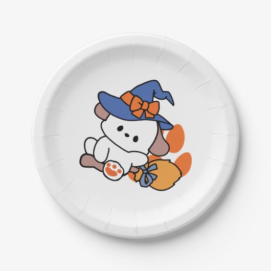 トレーニング中のポーソウルウィッチ – かわいいハロウィーン犬 ペーパープレート (正面)