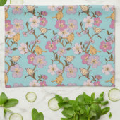 トレーリングお洒落花模様と鳥 – ターコイズ キッチンタオル (折り畳み)