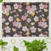 トレーリングお洒落花模様と鳥 – 黒/灰色 キッチンタオル (折り畳み)