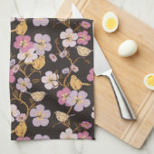 トレーリングお洒落花模様と鳥 – 黒/灰色 キッチンタオル (四つ折り)