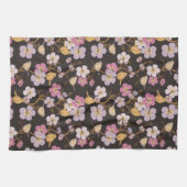 トレーリングお洒落花模様と鳥 – 黒/灰色 キッチンタオル (横)