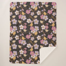 トレーリングお洒落花模様と鳥 – 黒/灰色 シェルパブランケット