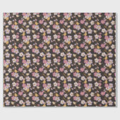 トレーリングお洒落花模様と鳥 – 黒/灰色 ラッピングペーパー (フラット)