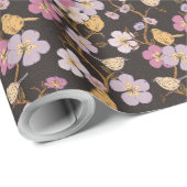 トレーリングお洒落花模様と鳥 – 黒/灰色 ラッピングペーパー (ロールコーナー)