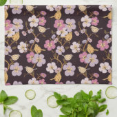 トレーリングお洒落花模様と鳥 – 黒/赤 キッチンタオル (折り畳み)