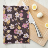 トレーリングお洒落花模様と鳥 – 黒/赤 キッチンタオル (四つ折り)