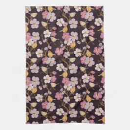 トレーリングお洒落花模様と鳥 – 黒/赤 キッチンタオル