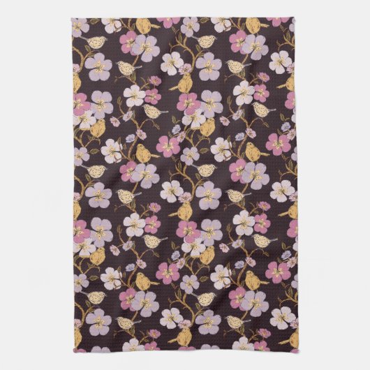 トレーリングお洒落花模様と鳥 – 黒/赤 キッチンタオル (縦)