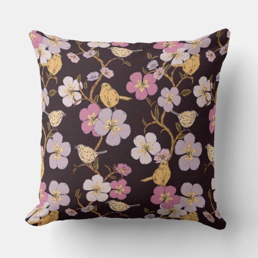 トレーリングお洒落花模様と鳥 – 黒/赤 クッション (正面)