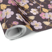 トレーリングお洒落花模様と鳥 – 黒/赤 ラッピングペーパー (ロールコーナー)