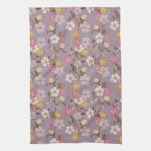 トレーリングお洒落花模様と鳥 – Lavender キッチンタオル (縦)