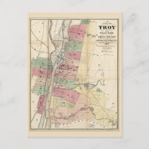 トロイ・ウェスト・トロイ・グリーン・アイランド・ニューヨークの地図(1874) ポストカード