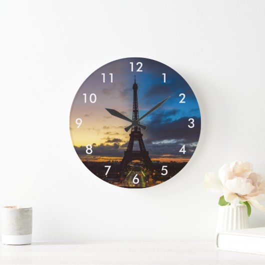 トロカデロのエッフェル塔を越えて夜と昼 ラージ壁時計 (ホーム)