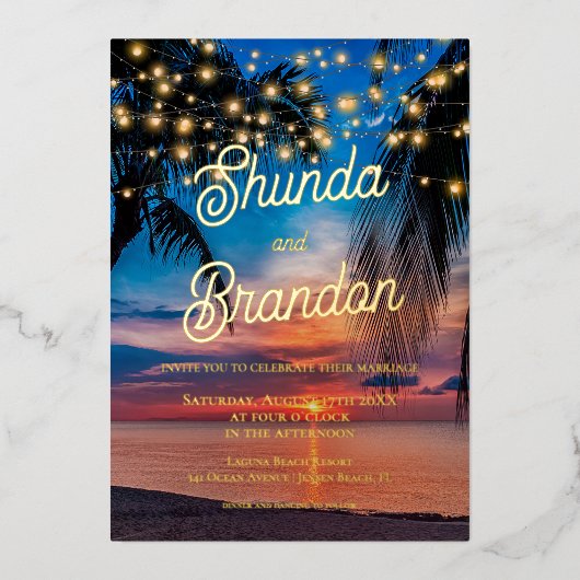 トロピエレガントカルビーチサマー結婚ズ実在の 箔招待状 (正面)