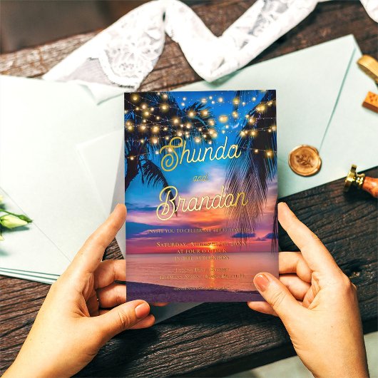 トロピエレガントカルビーチサマー結婚ズ実在の 箔招待状