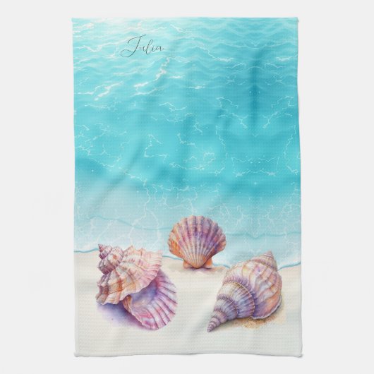 トロピエレガントカルビーチシーシェル真珠航海の キッチンタオル (縦)