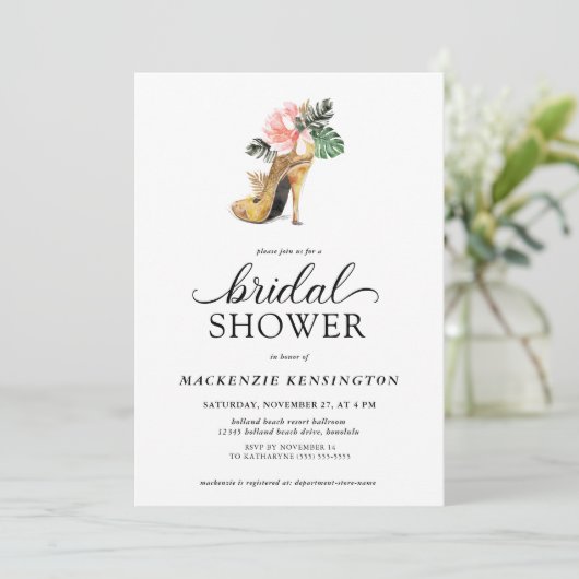 トロピエレガントカルフローラ金ゴールドヒールブライダルシャワー 招待状 (スタンド正面)