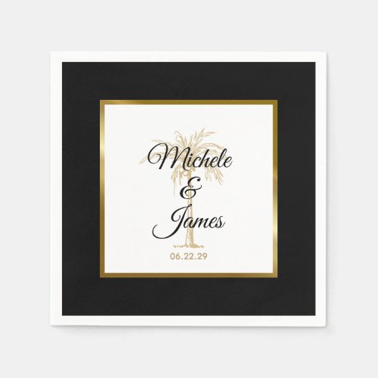 トロピエレガントカルブラック金ゴールドパーム結婚ツリー スタンダードカクテルナプキン (正面)