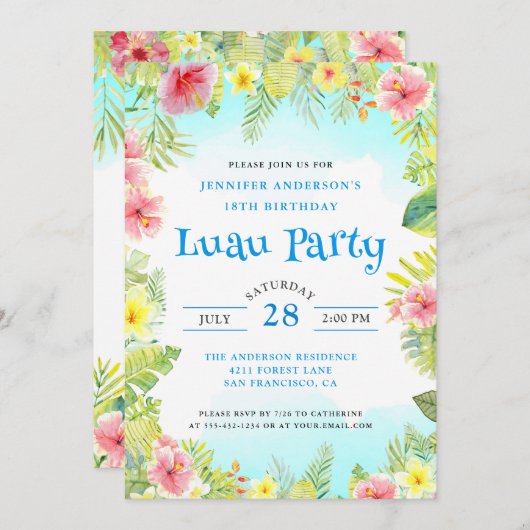 トロピエレガントカルルアウ（ハワイ式宴会）誕生会 招待状 (正面/裏面)