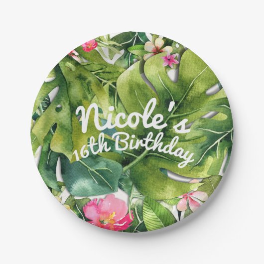 トロピエレガントックグリーン葉フローラ水の色 ペーパープレート (正面)