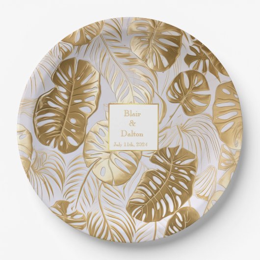 トロピエレガントックモンステラ金箔金ゴールド結婚ズ ペーパープレート (正面)