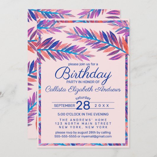 トロピエレガント芸術的カル離れ誕生日 招待状 (正面/裏面)