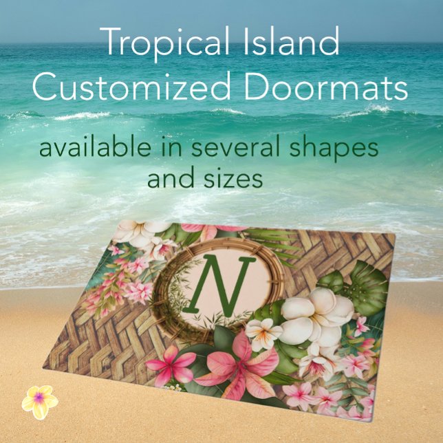 トロピカスタマイズカルビーチモノグラムの ドアマット (Welcome friends with this monogrammed tropical island faux rattan exotic flowers doormat!)