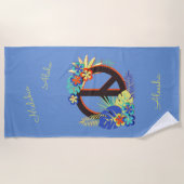 トロピカラフルカルハワイアンピースラブネームブルー ビーチタオル (正面)