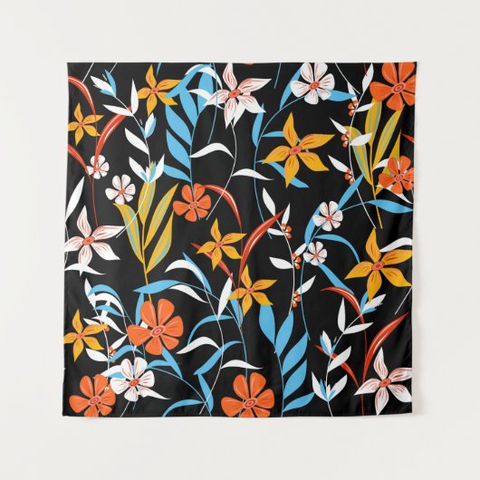 トロピカラフルッ離れク：暗い背景のパターン タペストリー (正面)