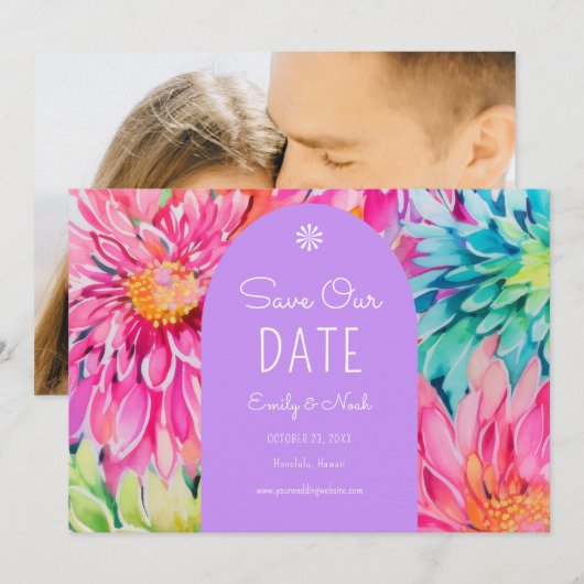トロピカラフルモダンカルフローラ結婚の写真 セーブザデート (正面/裏面)
