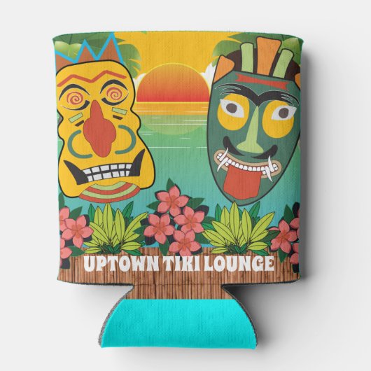 トロピカルおもしろいな夕日と名前を持つティキ顔 缶クーラー (裏面)