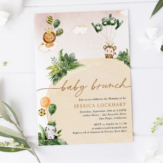 トロピカルおもしろいジャングルサファリガールベビーブランチシャワー 招待状