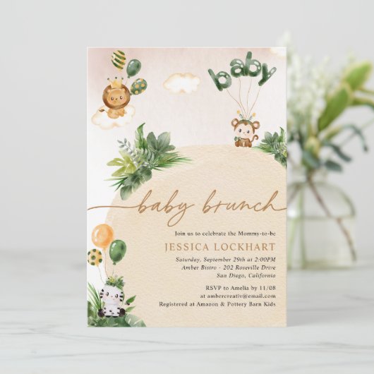 トロピカルおもしろいジャングルサファリガールベビーブランチシャワー 招待状 (スタンド正面)
